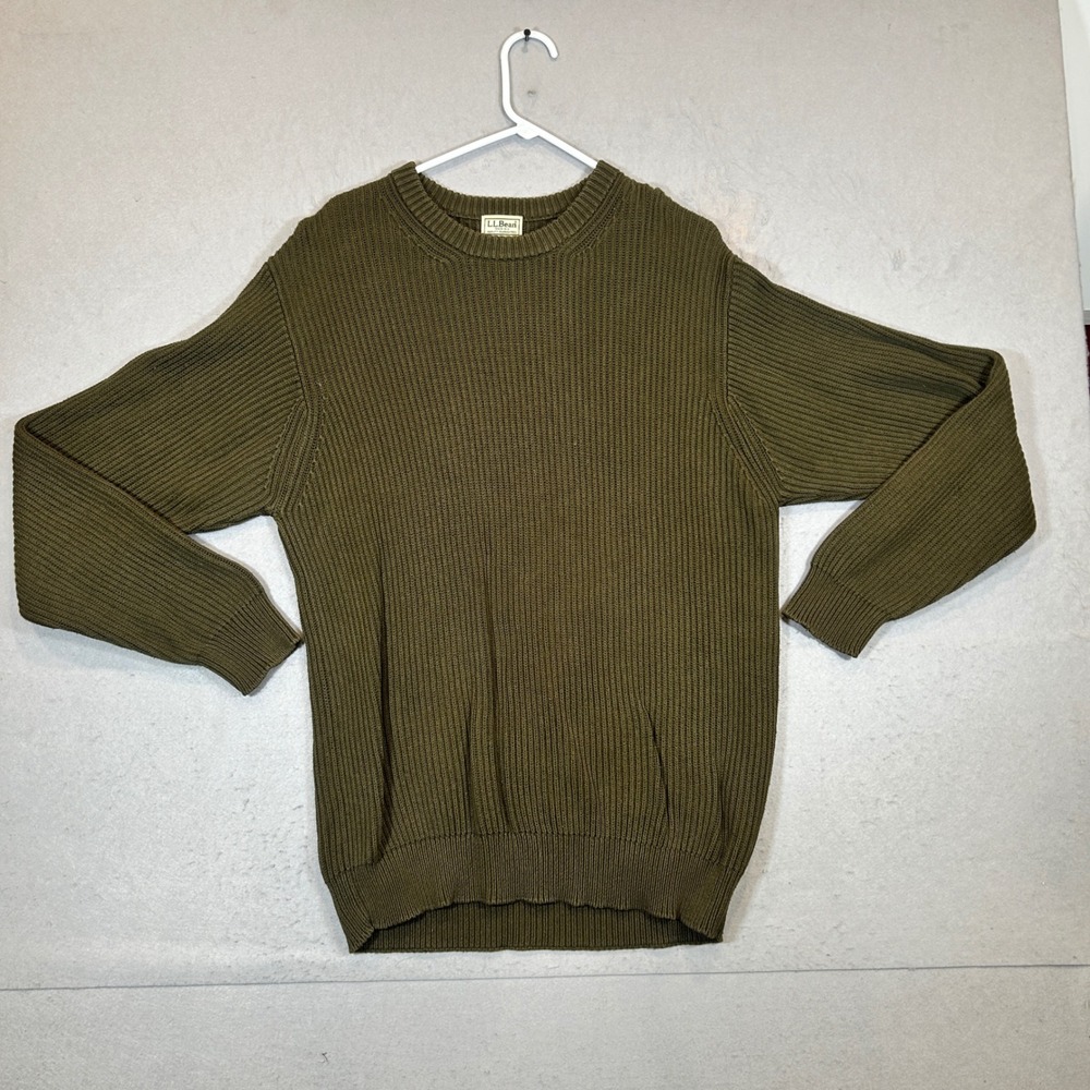 LL Bean Sweater Mens Large Green Fisherman Military Hiking Cotton Crewneck